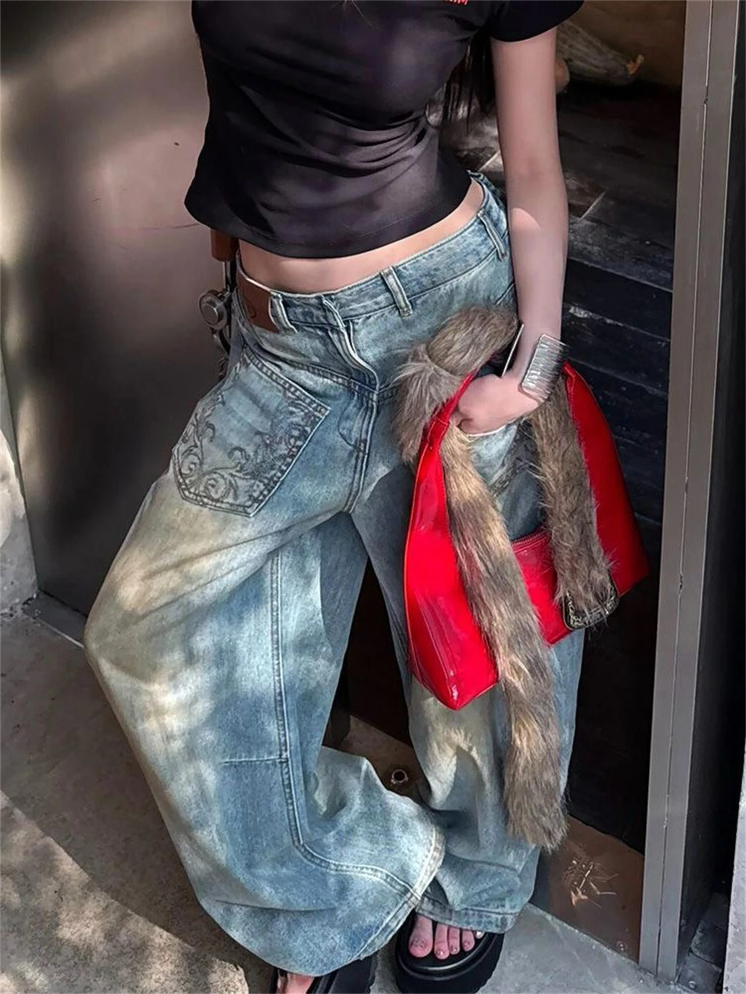 Women's Light Blue Distressed Oversized Wide Leg Denim Jeans Embroidered Pocket Vintage Casual Streetwear Ladies Pants