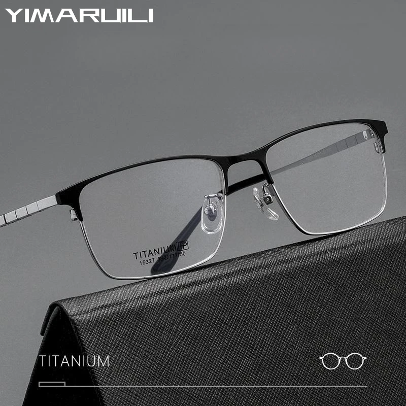 YIMARUILI New Ultra-light Fashion Business Eyewear Retro Square Pure Titanium Optical Prescription Eyeglasses Frame Men 15327P