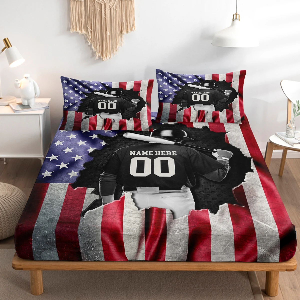 American Flag and Baseball Design Fitted Sheet 3 Piece Bed Sheet Sets with 2 Pillowcases Suitable for All Seasons