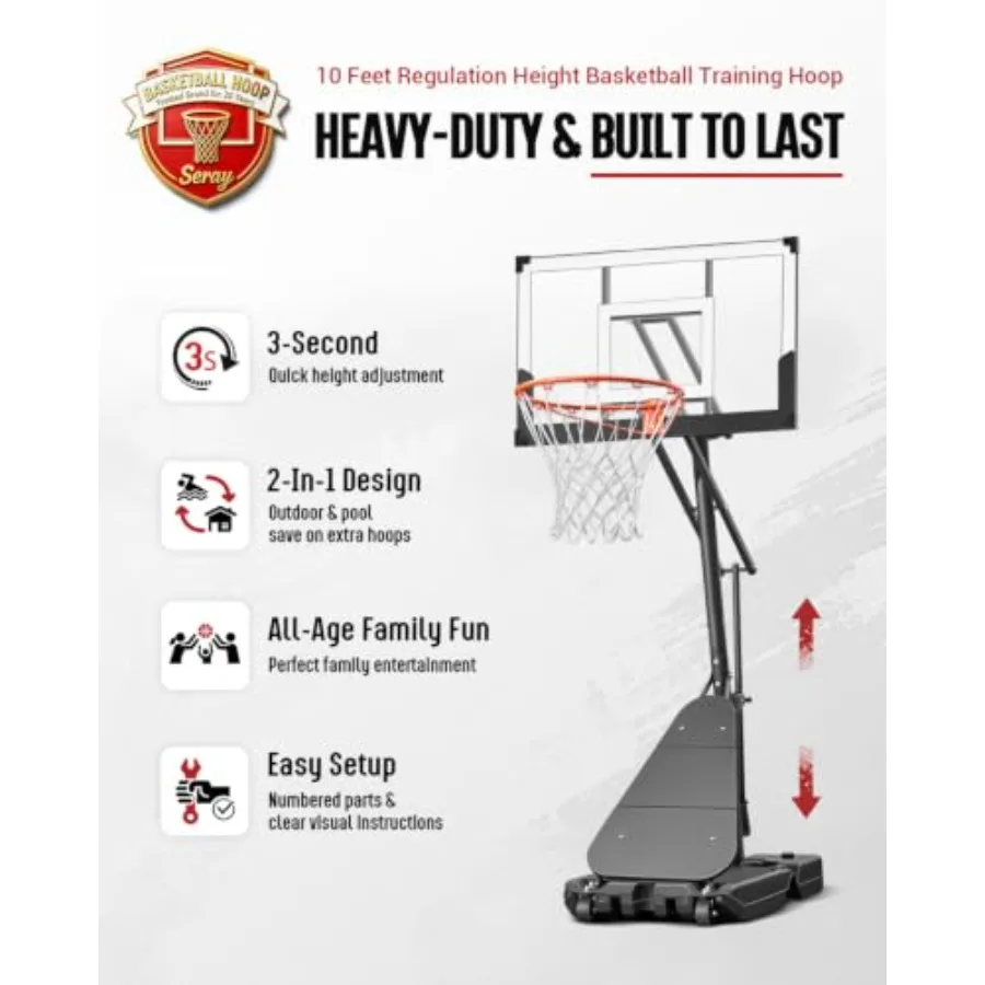 Basketball Hoop for Poolside Portable Court Use, Shatterproof 40Inch Backboard, Rust-Resistant Steel, Black/Gray, Height Adjust