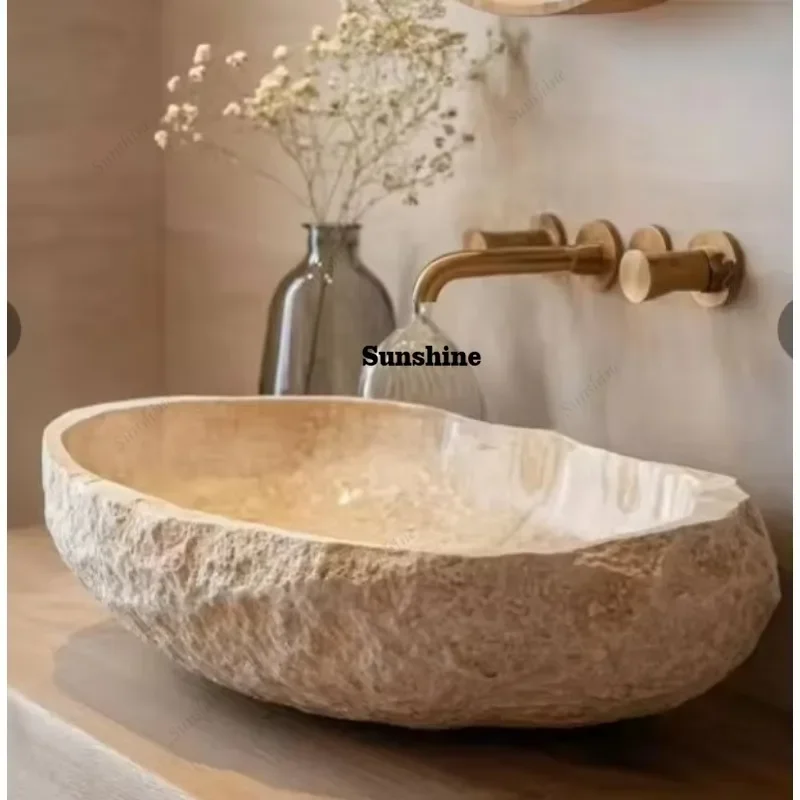 Irregular Shape Unique design Beige color marble Sink Bathroom Countertop Washbasin Natural Surface Outlook for BathroomY