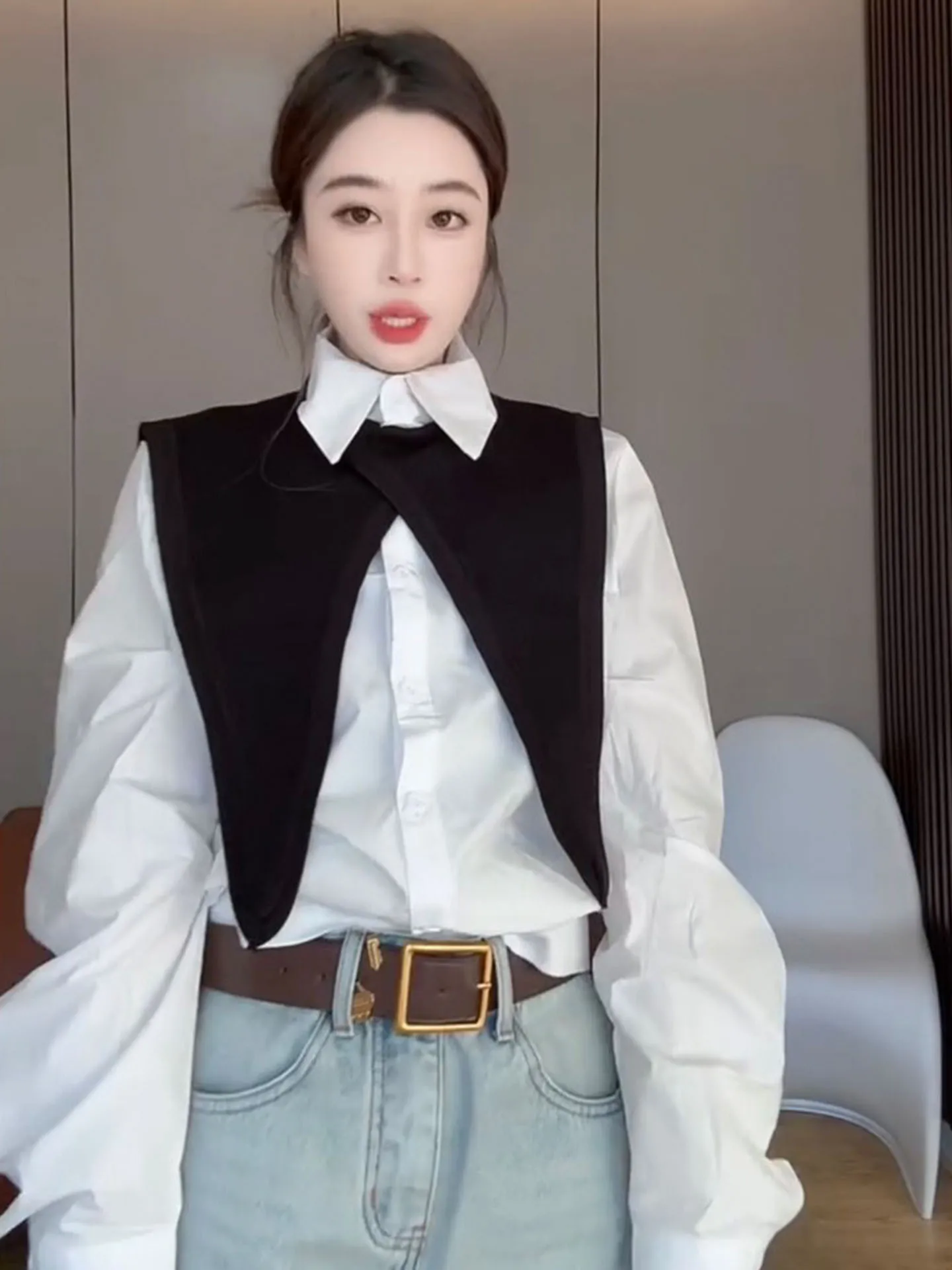 

Ele White irt And awl Set Women's Faion Spring Collection Slimming Versatile Outfit High Collar High Waist orts