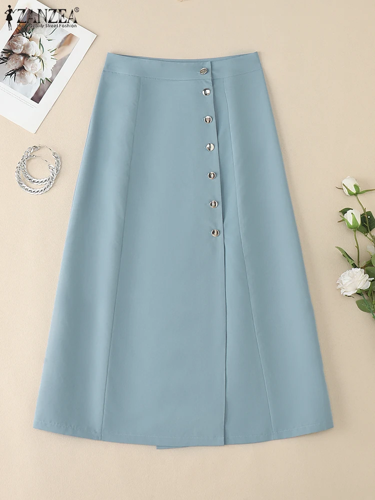 

ZANZEA Women A-Line Maxi Skirts Elegant High Waist Button Up Front Office Wear Commuting Jupes Femme Solid Evangelical Skirt