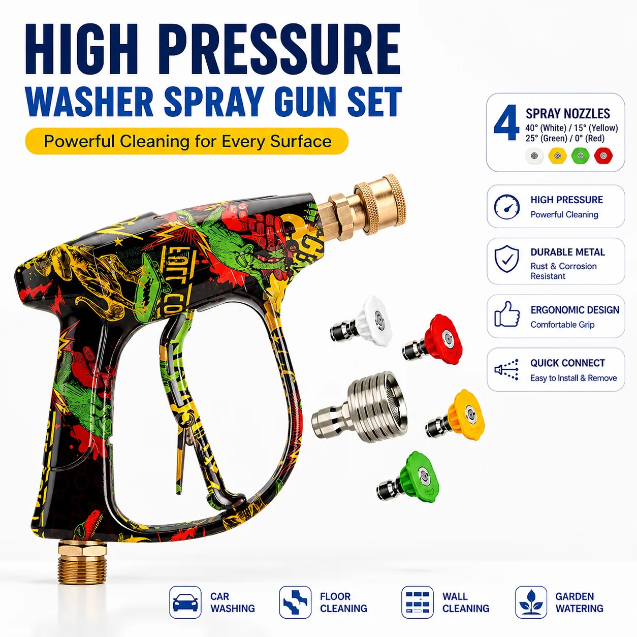 

Graffiti Pressure Washer Gun with Ergonomic Grip, 4 Functional Nozzles & Steel Tip for Indoor and Outdoor Use