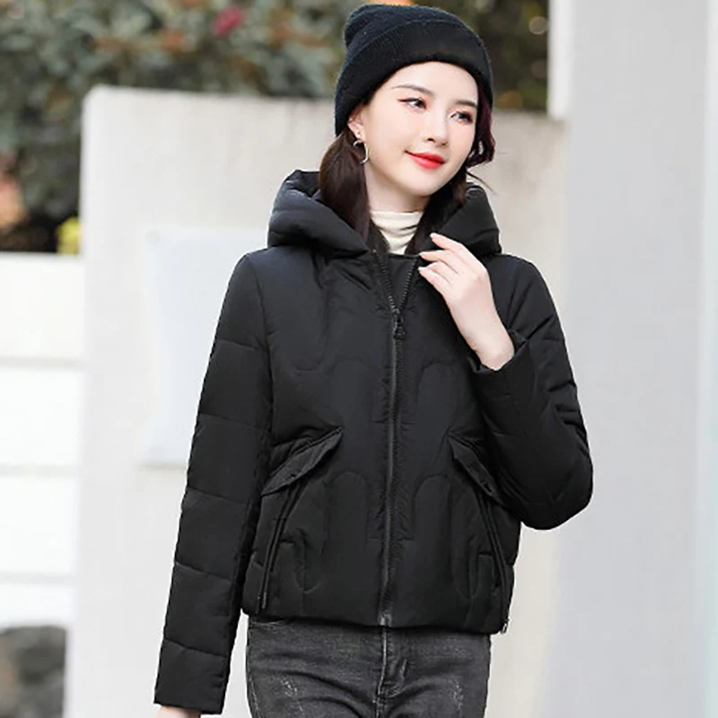 

Winter Women Hooded Short Cotton Jacket Elegant Fashion Simplicity Casual Thicken Parkas 2023 New Female Korean Warm Coat