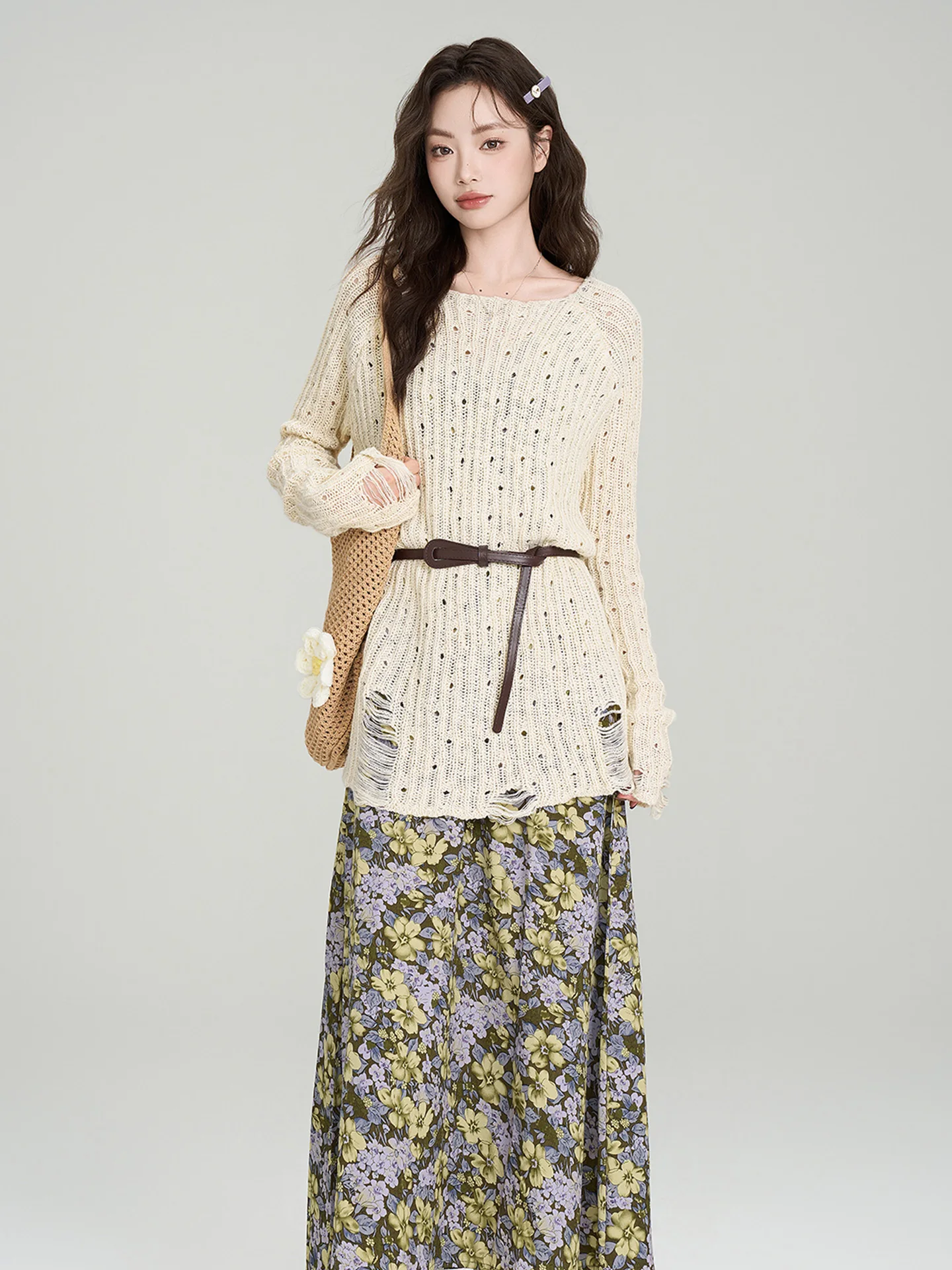 

Korean Sle Beautiful Floral Print Knitted Sweater And Dr Set Women's Faion Spring Autumn New Arrival Outfit Combination