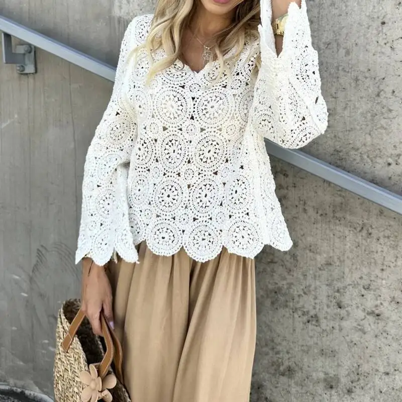 New Boho Style Crochet Hollow Out Blouse Women Elegant O Neck Jacquard Knitted Top Pullover Autumn Long Sleeve Loose Shirt Mujer