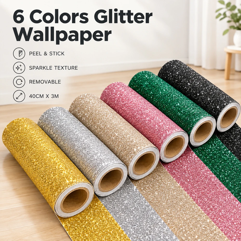 1Roll Removable Glitter Contact Paper, 40x300cm Peel and Stick Sparkle Wallpaper, Self Adhesive for Bedroom Cabinet Drawer Shelf