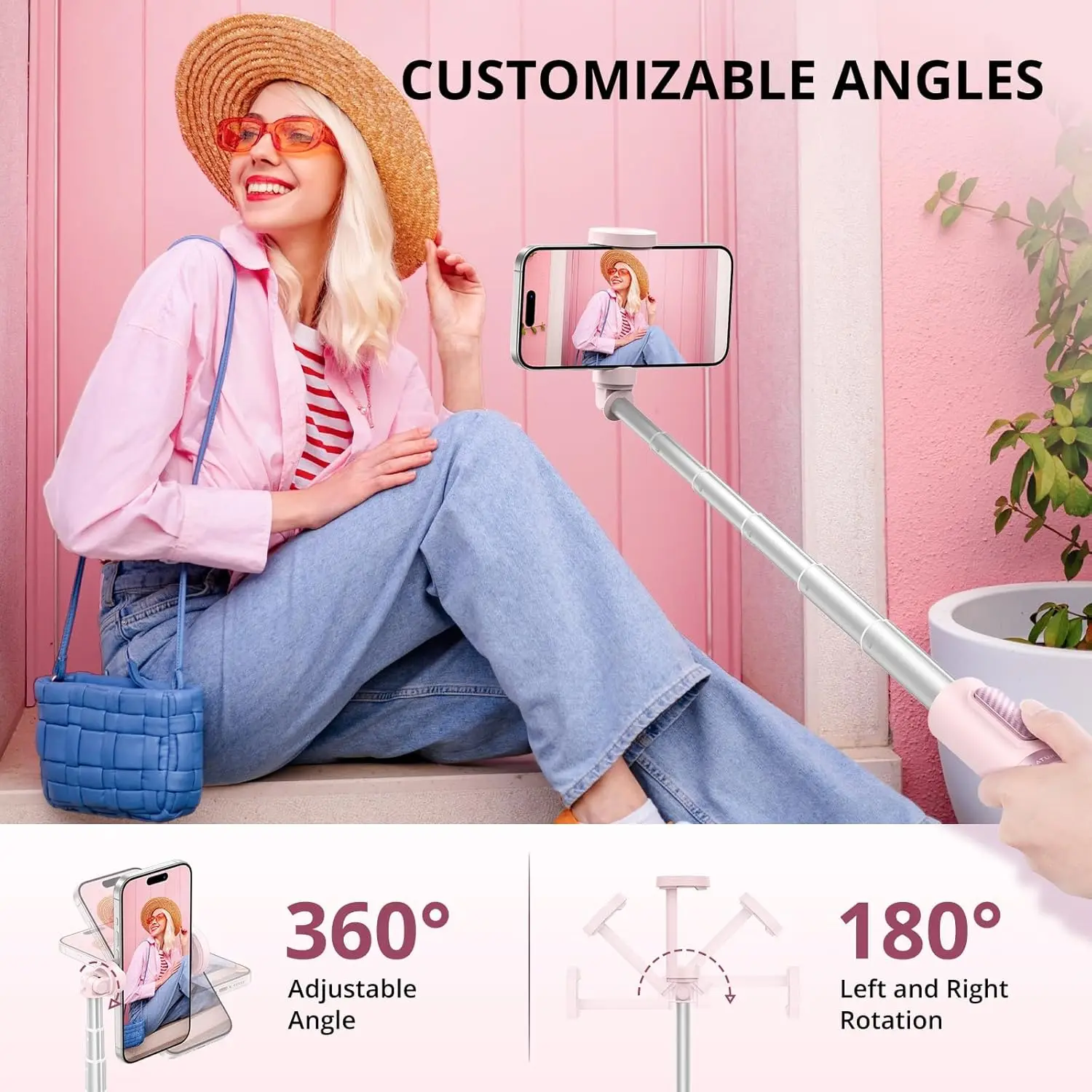 55' ausziehbares Aluminium-Selfie-Stick-Stativ mit Bluetooth-Fernbedienung, rosa, passend für 4,7-7' Telefone