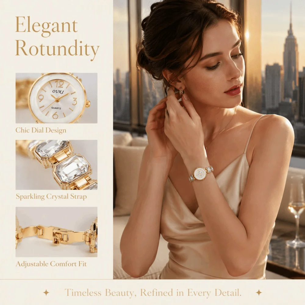 Rhinestone Quartz Watches Diamond Studded Watch Strap with Adjustable Bracelet Rotundity Shaped Watch Women Wristwatch