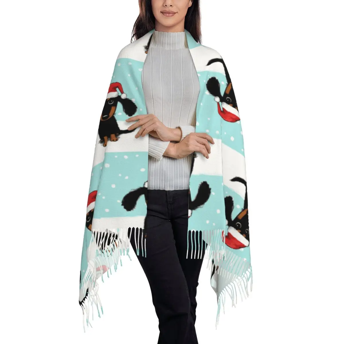 Cute Dachshund Christmas Winter Wiener Dog Santa Scarf Tassel Scarves Women Soft Warm Shawls and Large Fall Winter Shawl Wraps