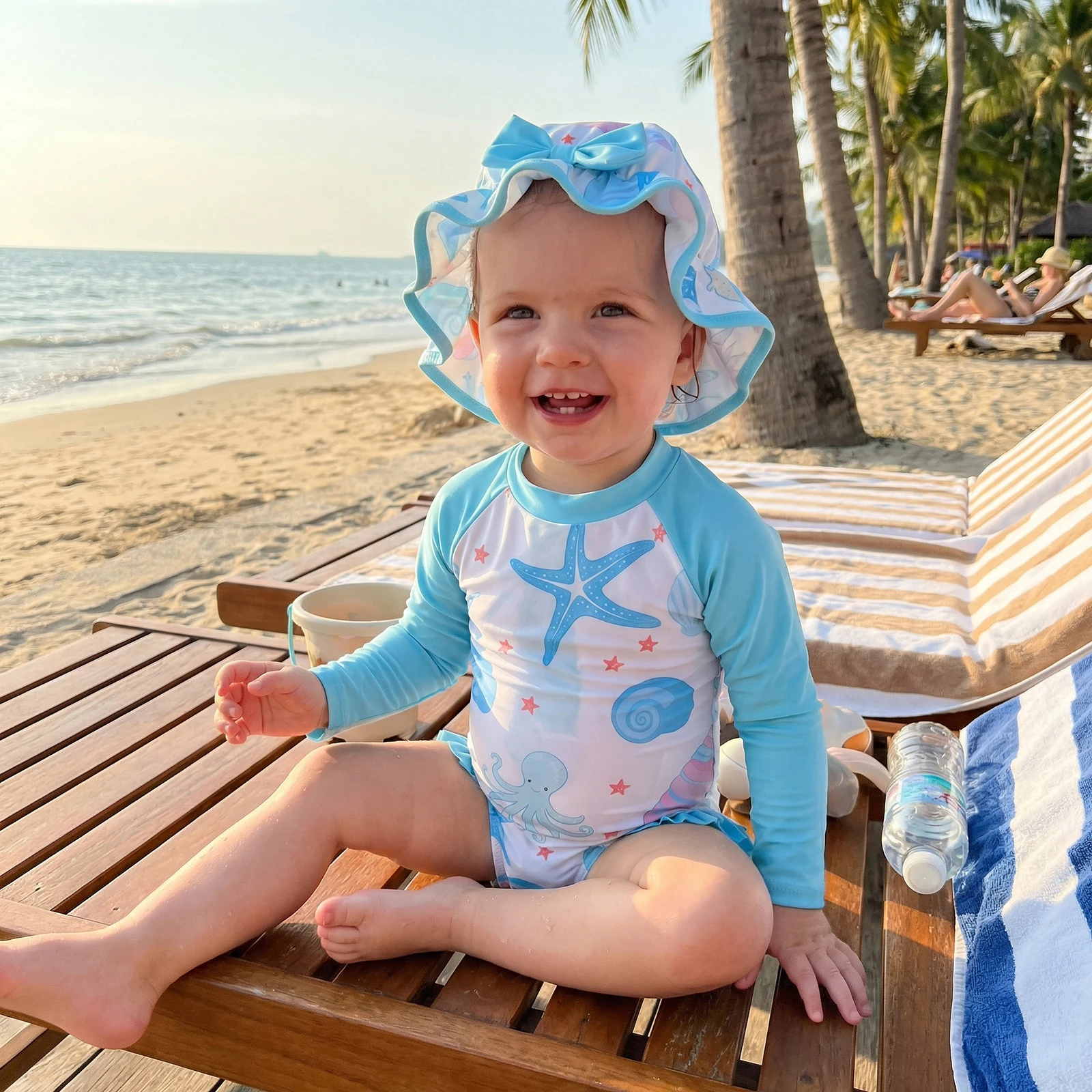 Baby Girls Rash Guard Swimsuit Rompers Starfish Octopus Print Long Sleeve Crew Neck Infant Bathing Suit with Swim Cap