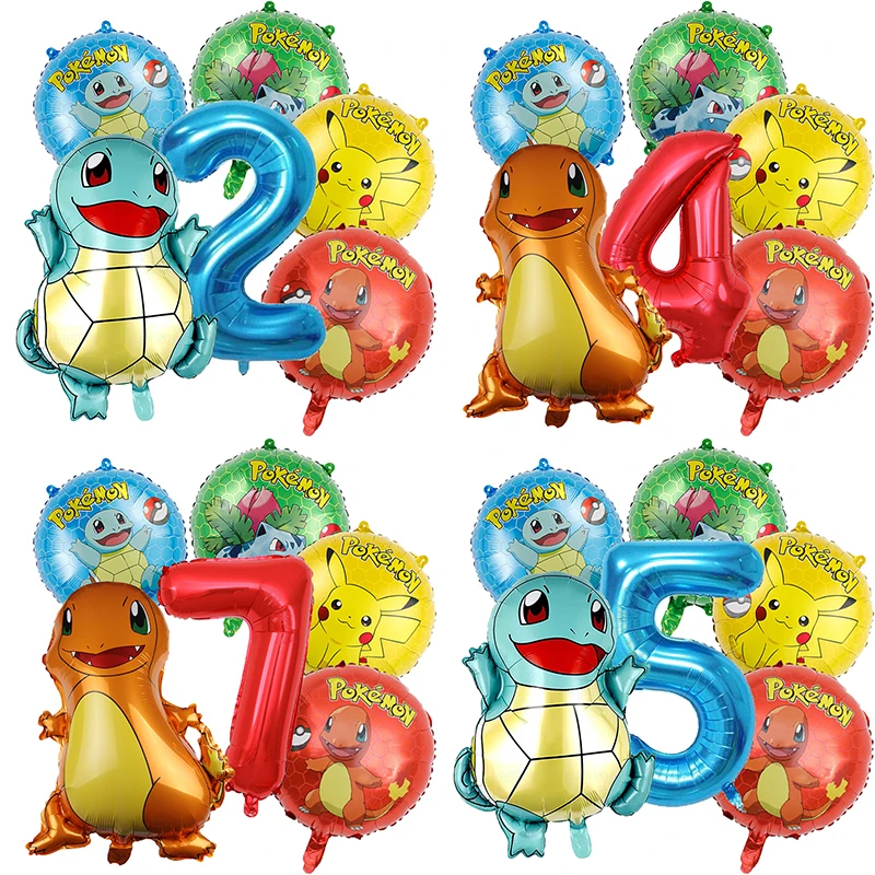 Decoración de Fiesta de Cumpleaños de Pokémon para Niños y Niñas, Set de Globos con Número de Squirtle y Charmander, Artículos para Fiestas Infantiles
