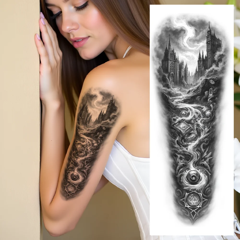 3pcs Temporary Tattoo Bicycles Black And Grey Realism Serpent Phoenix Waterproof Long-lasting Body Stickers For Men Thighs
