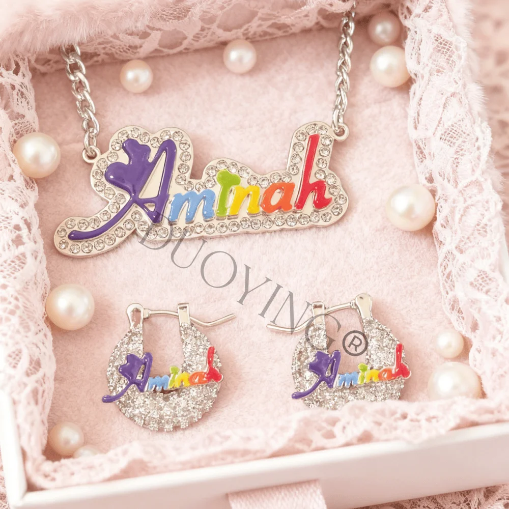 DUOYING Custom Bling Rainbow Luxe Set Stainless Steel Nameplate 15mm Zircon Enamel Earrings Necklace