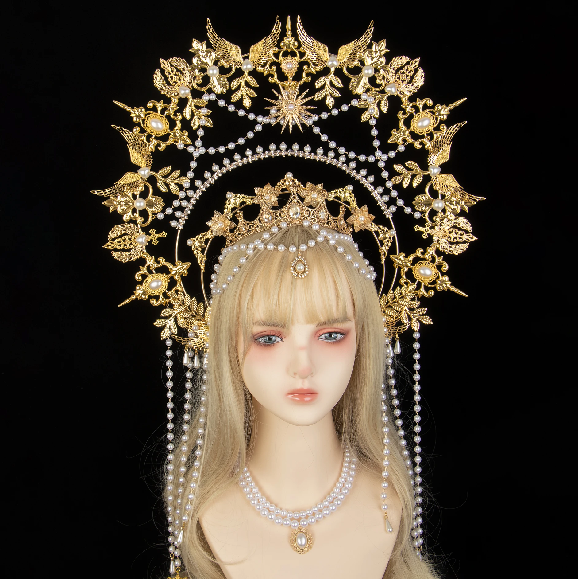 Sun Goddess Angel KC Halo Crown Queen Exaggerated Oversized Gold Headpiece Baroque Pearl Tiara Lolita Headband for Photo Prop