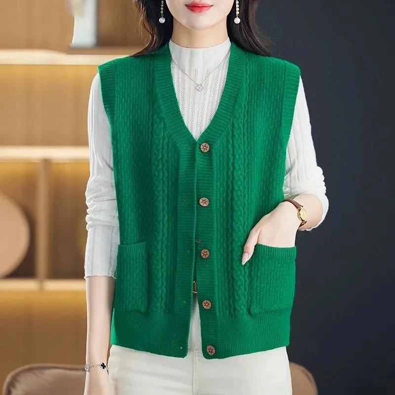 

Spring Autumn Sleeveless Loose Women's Cardigan Sweater Vest Korean Version Solid Color Ladies Short Knitting Waistcoat Jacket