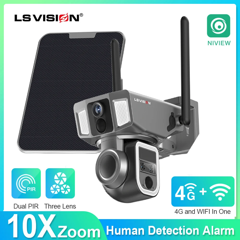 LS VISION Dual Lens 4G Solar Camera Outdoor 8MP Wifi Wireless Security CCTV 20X Optical Zoom 2K Color Night Vision Two Way Audio