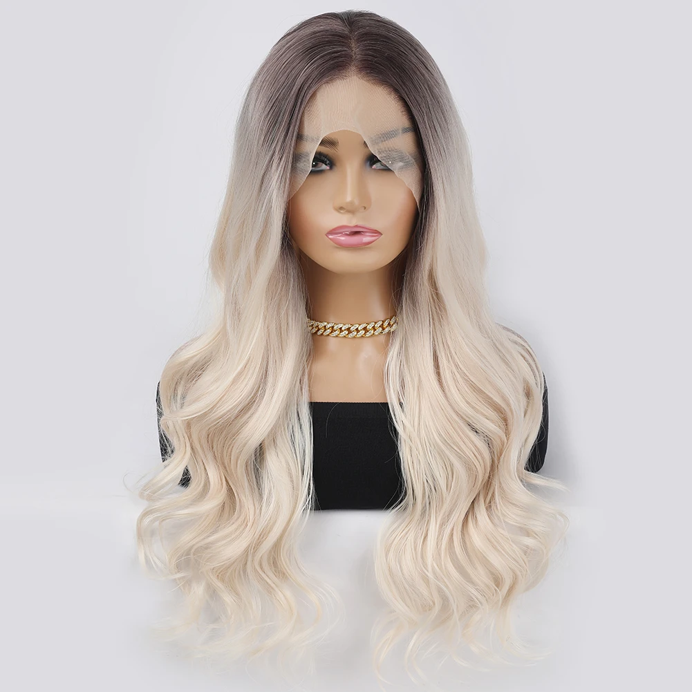 

Body Wave Synthetic Wigs Ombre Black Blonde Wig with Side Bangs Heat Resistant Fiber Daily Party Hair Cosplay Wigs for Women