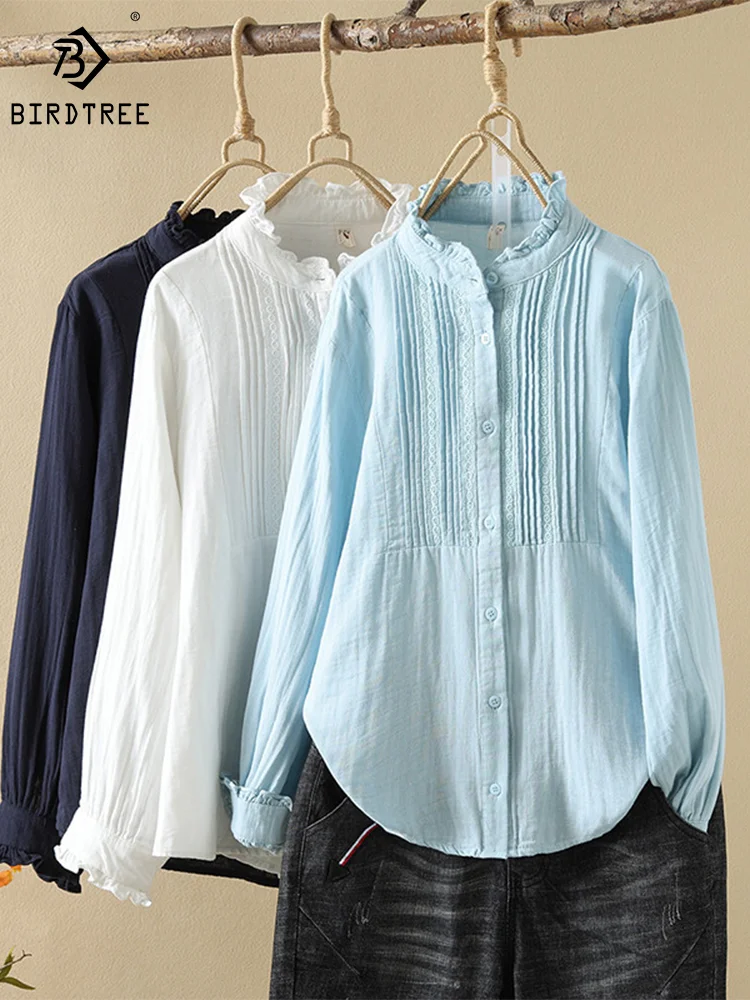 

New Spring Cotton Casual Shirt Women Ruched Collar Long Sleeve Simple Tops Girl Literature Loose Blouses 2024 Autumn T43832QM