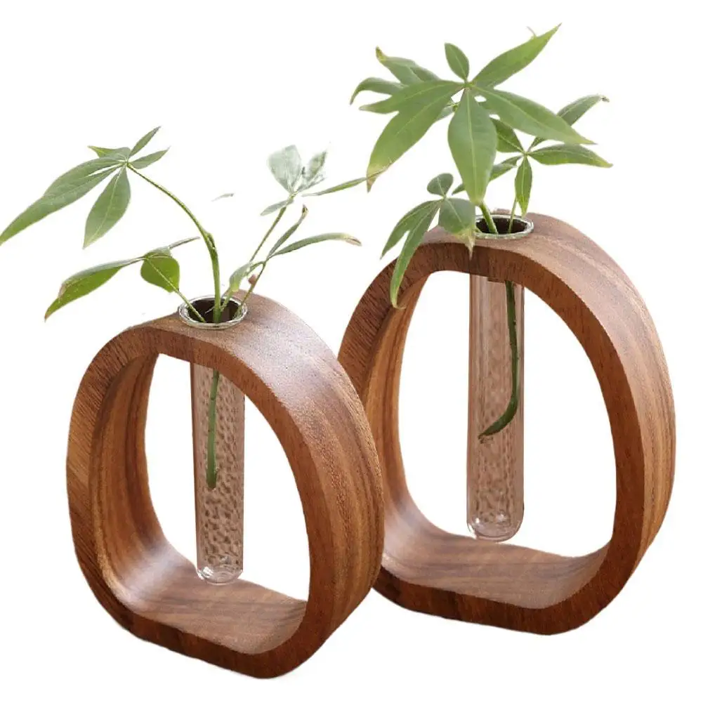 Blumen-Set aus Walnussholz, Hoteldekoration, einfaches Blumenarrangement aus Glas, Mini-Aquatische Vase, Hydrokultur-Blumenständer für Pflanzen