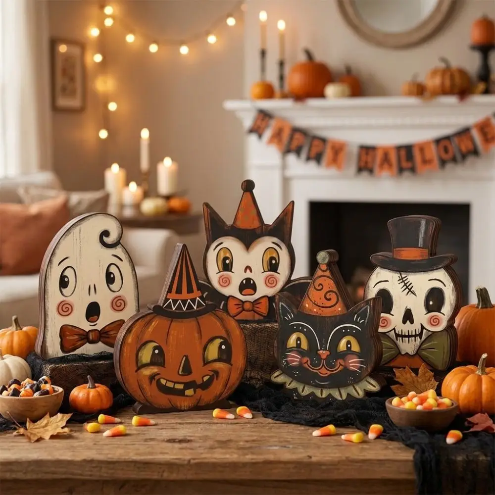 Cartoon Halloween Wooden Tabletop Sign Double Sided Pattern Farmhouse Style Ghost Pumpkin Owl Ornaments Integrated Hand Painted