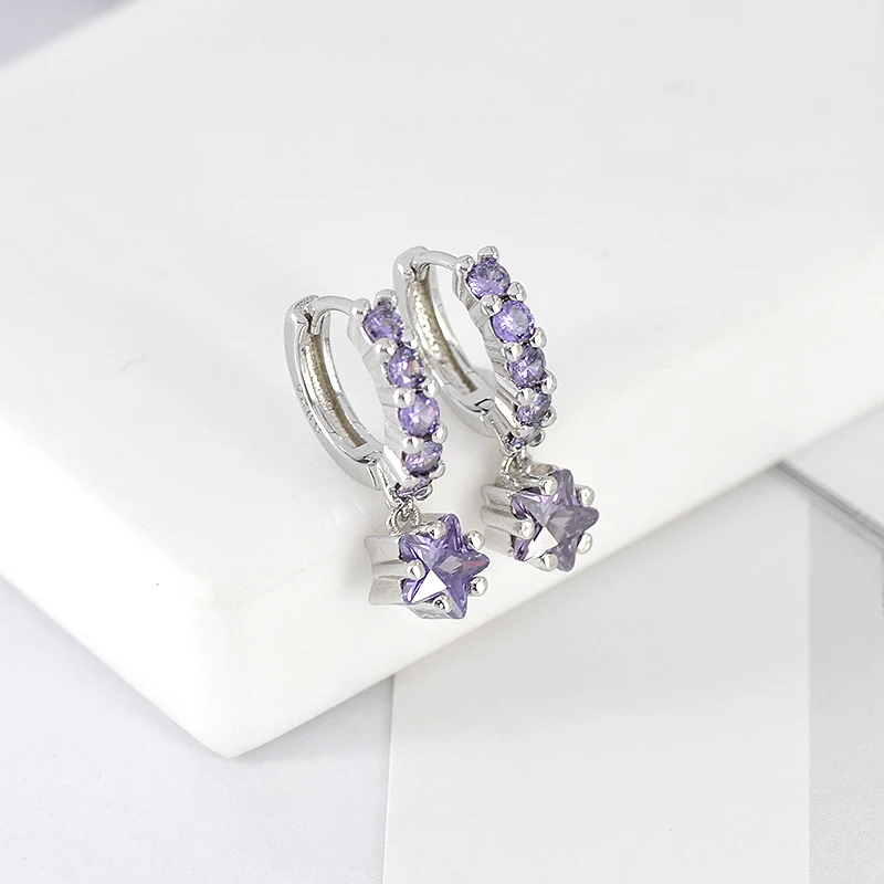 Pendientes de plata de ley 925 con colgante de estrella de cinco puntas para mujer, aretes de aro de estrella de cristal de colores, joyería de lujo