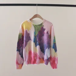 Y2K Women's Sweater Colorful Print Pullover Sweater Women luxury brand Long Sleeve Color Block Knit tops Sweater Women Clothing