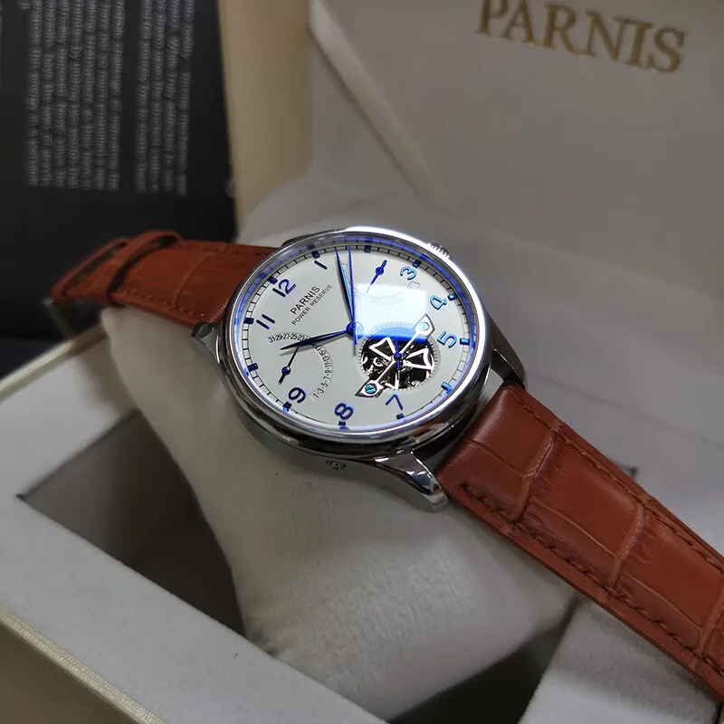 2024 Parnis 43mm White Dial Automatic Mechanical Men\'s Watches Silver Case Men Power Reserve Tourbillon Watch Relogio Masculino