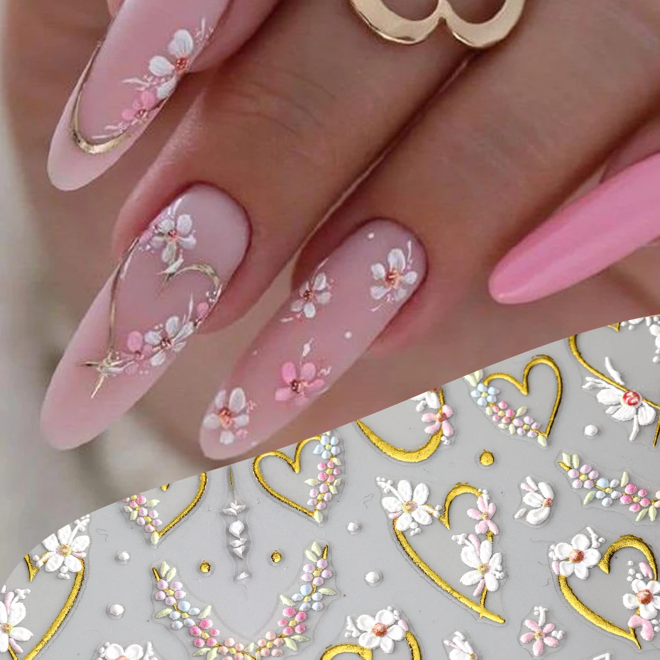 5D Embossed White Floral Gold Line Sliders Spring Pink Flowers Nail Stickers DIY Simple Petals Wedding Nails Decals Accesories