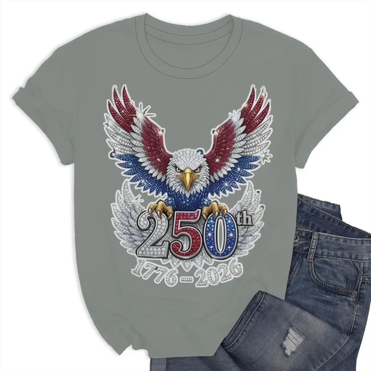 USA Eagle 250th Anniversary 1776-2026 T-Shirt Vintage Sparkly Patriotic Print Women Men  July 4 Th Tees Independence DayGifts