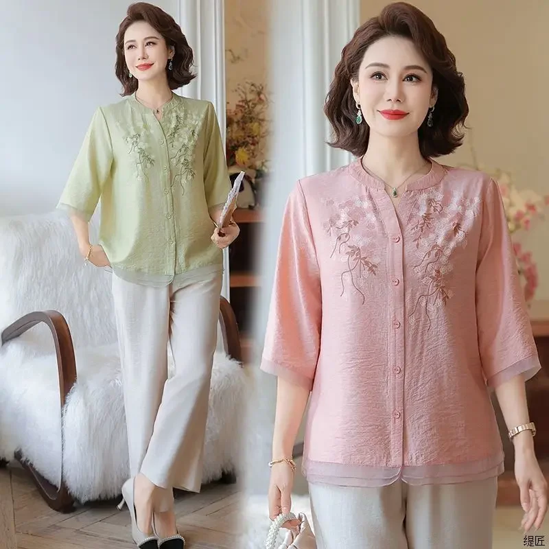 

New Middle-aged Top Shirt Suit Two-piece Set Summer Chinese Style