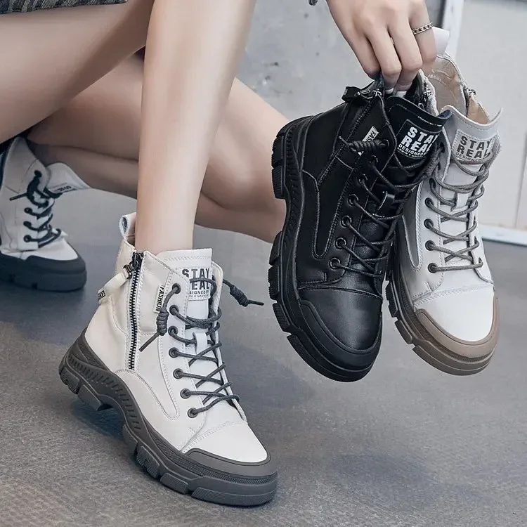 Autumn Early Winter Shoes Leather Fashion for Women Thick Sole High Gang Ankle Boots Brand Ladies Casual Lace-up Sports Footwear