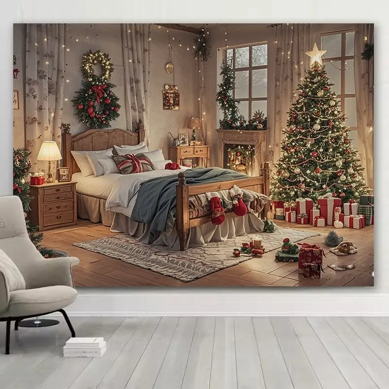VIKAMA Wall Tapestry Christmas Rustic Living Room Fireplace Wreath Tree Gifts Winter Holiday Wall Hanging Home Decor Living Room