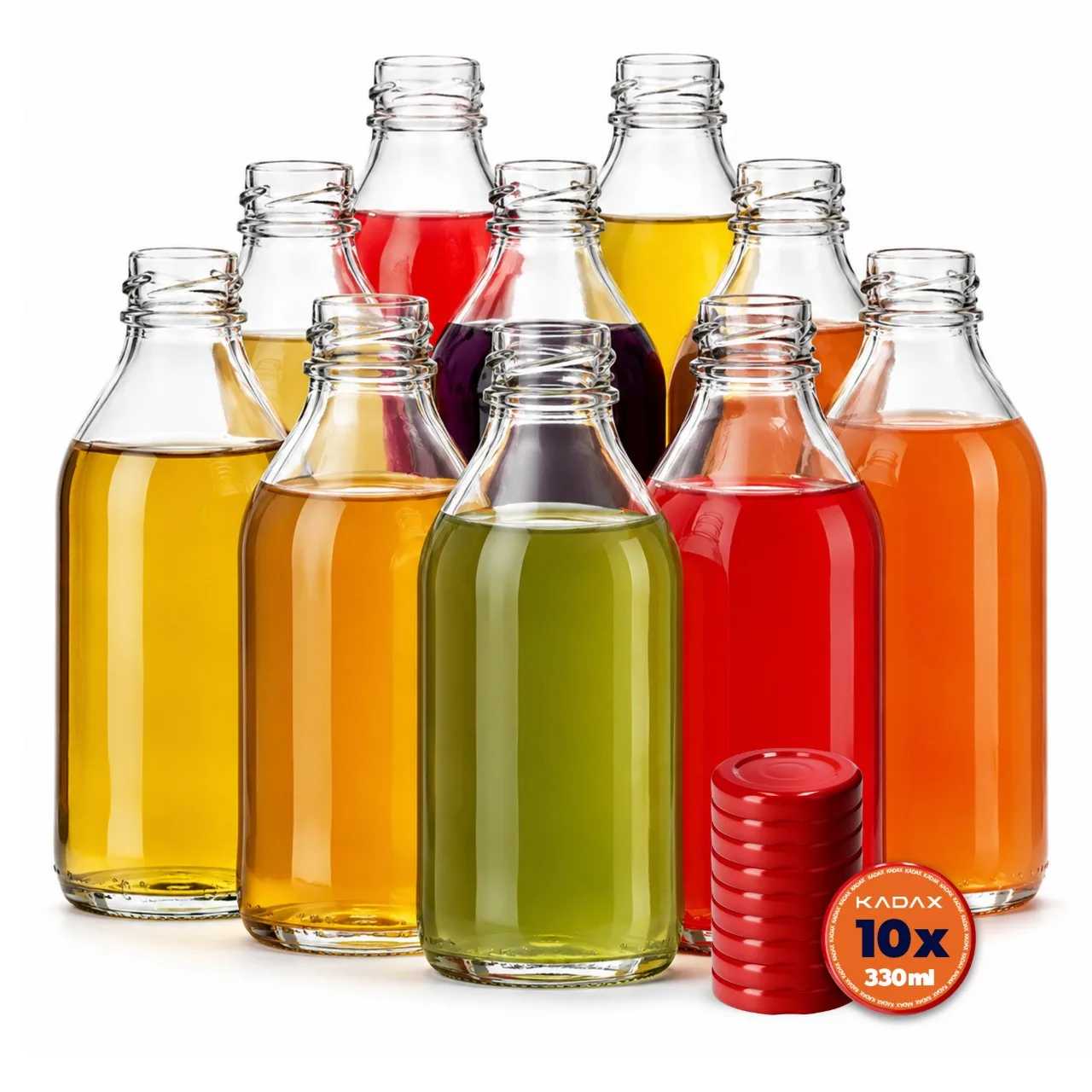 KADAX 330 ml glazen fles voor puree-sap, fles met rode dop voor het bewaren van dranken en conserven 10 stuks.