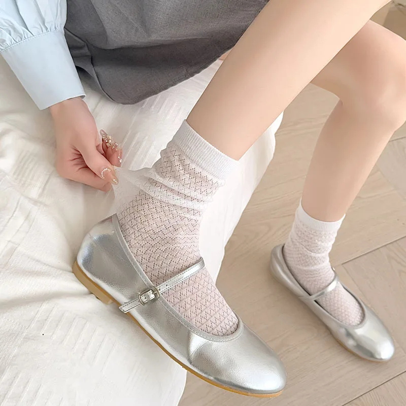 Summer Thin Women Socks Hollow Out Mesh Breathable Lace Socks JK Japanese Style Solid Color School Girls Kawaii Loose Long Socks