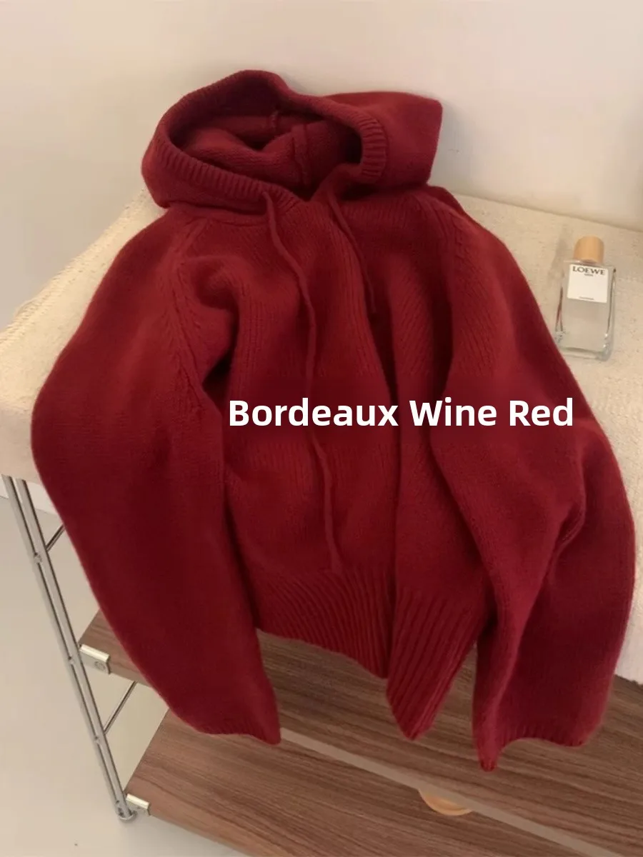 

Retro Wine Red Hooded Cashmere Sweater Women's High-End Feeling Super Beautiful Knitted Top for Autumn Winter New Year