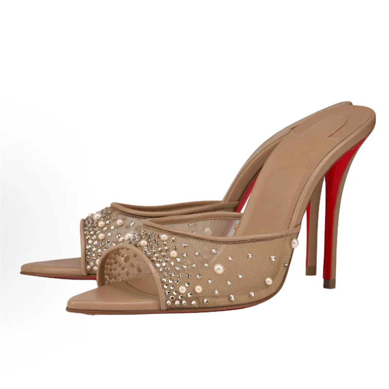 2026 Luxury Mesh Backless Mules Pearls Crystal Rhinestone Decor Square Toe Stiletto Slides Elegant Evening Heels view 2