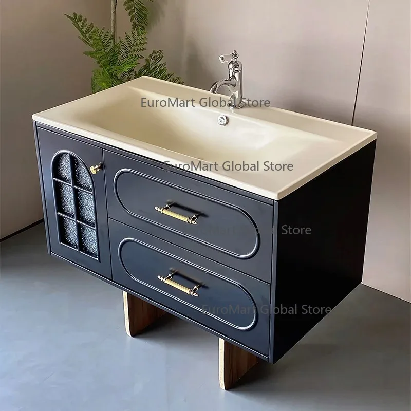 

French retro style oak bathroom cabinet combination Corian washing table rock slab hot bending integrated basin ceramic