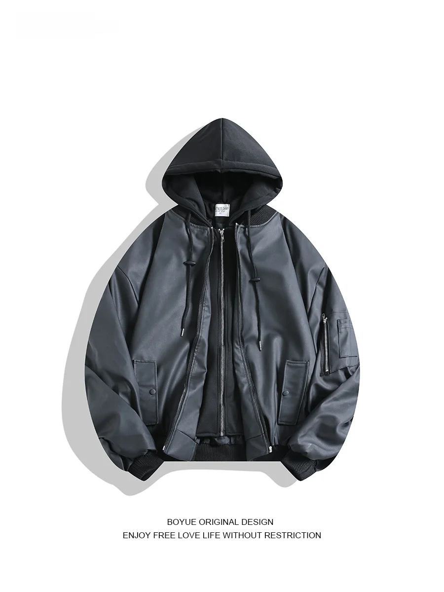 

Boyue American Sle с капюшоном Thiened Flight Jaet, пальто для мужчин и женщин, повседневная уличная кожаная верхняя одежда, весна-осень, Wi...