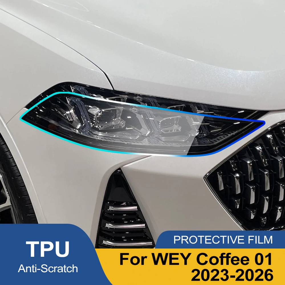 For WEY Coffee 01 2023-2026 Smoke Black High-Gloss Pre-Cut TPU Headlight Protective Film PPF Anti-Scratch Vinyl Wrap Cover Kit
