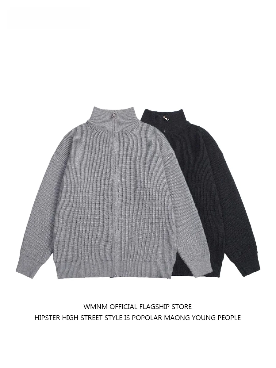 

Мужской вязаный свитер с высоким воротником, зимний кардиган на молнии, свободный крой, в японском стиле, повседневная верхняя одежда