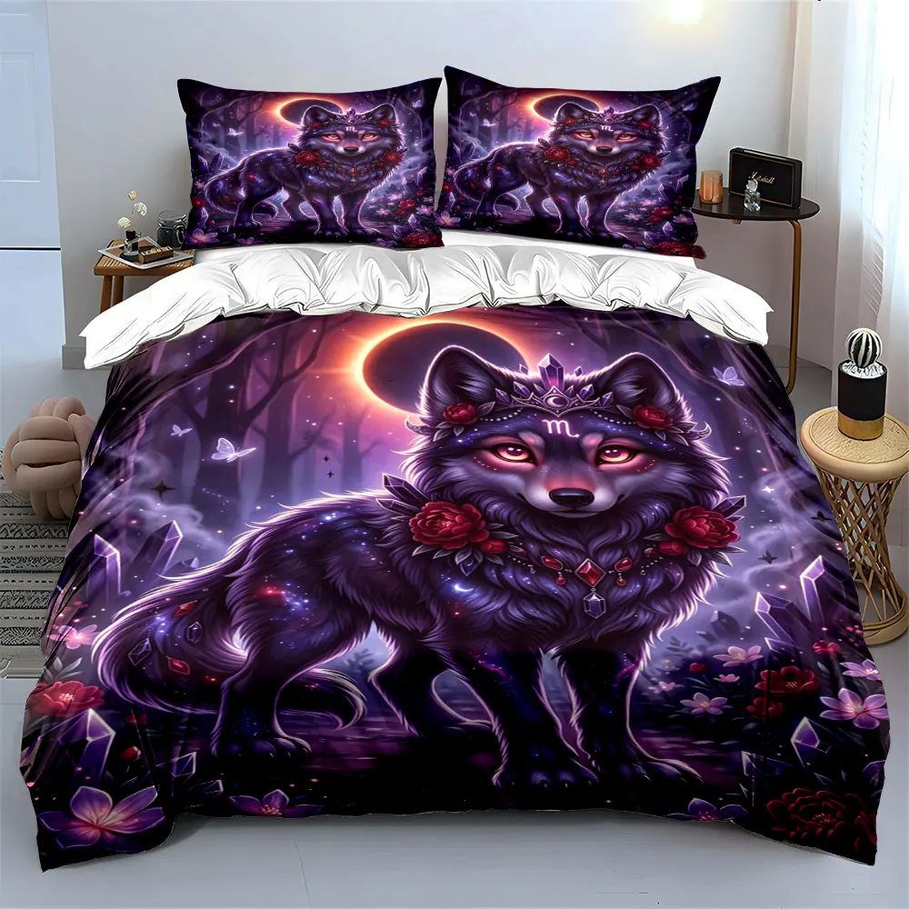 Mysterious Forest Night Animal Starry Print Bedding Set 1 Duvet Cover 2 Pillowcases for Adult and Children Luxury Gift