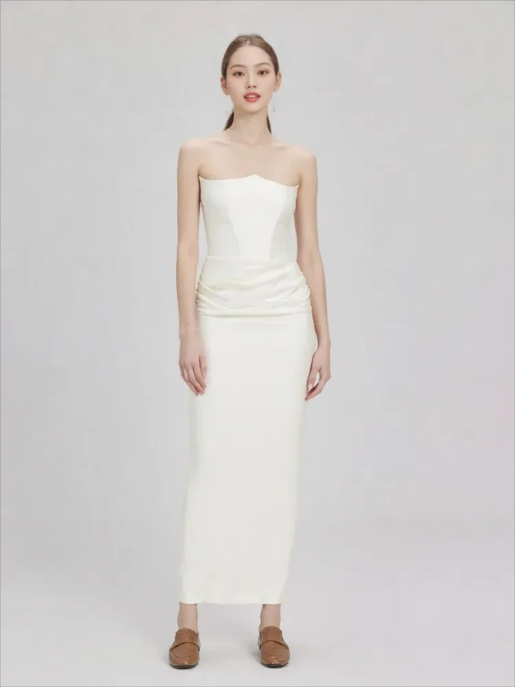 XIAOTANG 피쉬본 섹시 맥시 새틴 드레스 여성용 스트랩리스 슬리브리스 플리츠 롱 드레스 여성 우아한 이브닝 파티 드레스