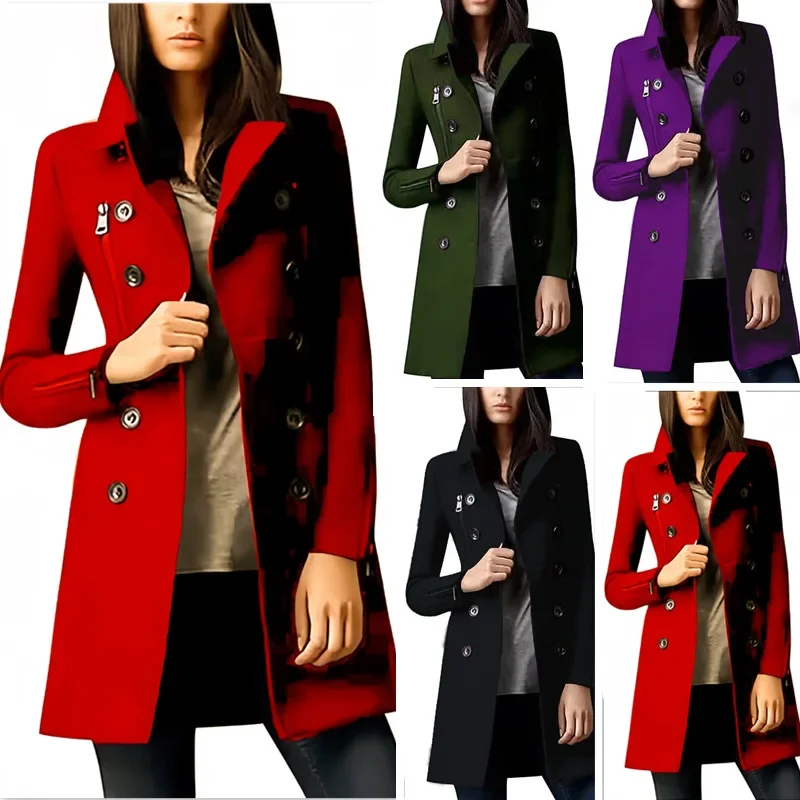 

Autumn Winter Woolen Women's Coat Cuff Zipper Coat Double Breasted Multi-Pocket Solid Color Jackets Coats Trench with Lining