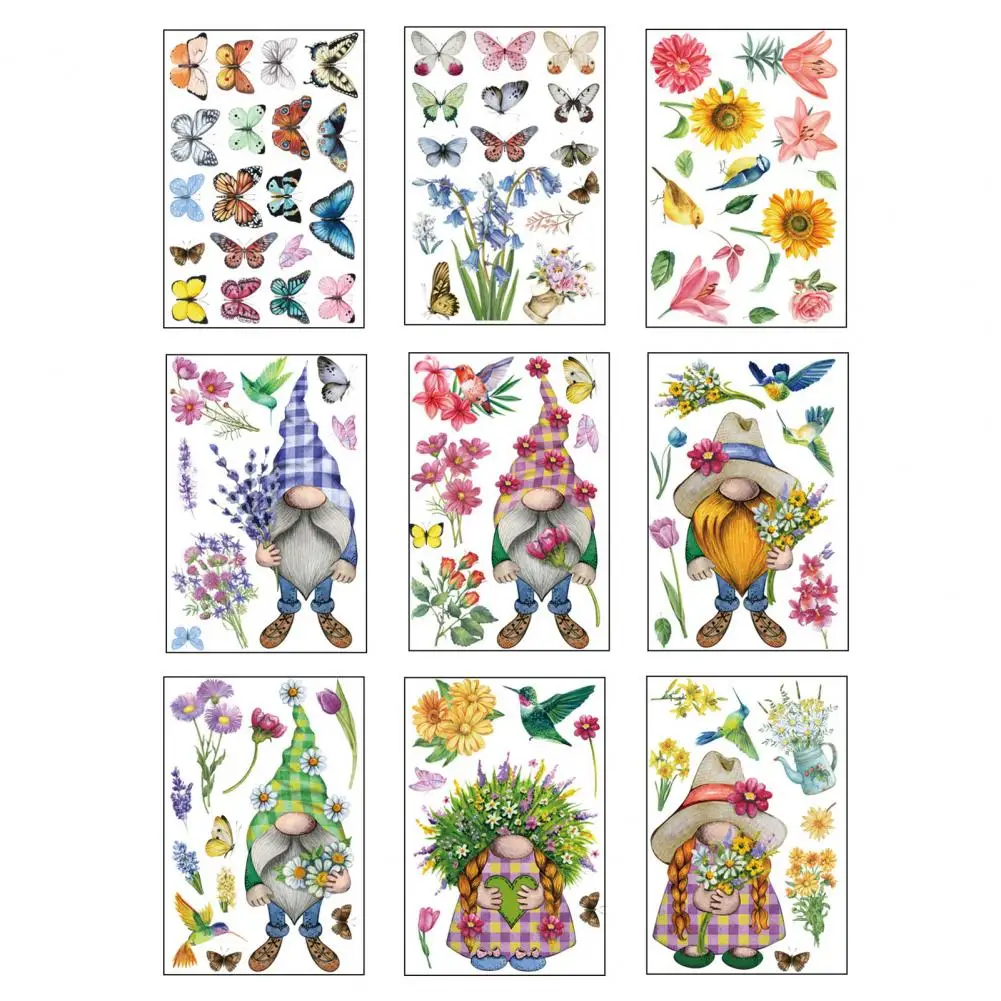 High-quality Window Stickers Spring Gnome Flower Pattern Window Clings Durable Reusable Static Decals for Home Decoration 9pcs