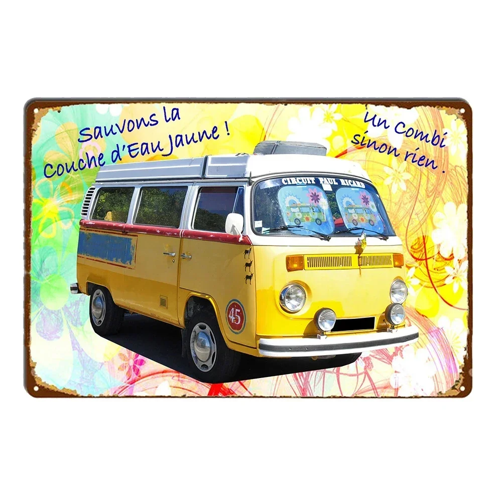 1Pc Vintage Bus Beach Surfing Cartoon Wall Vintage Art Metal Plate Decor Aluminum Sign Garage Wall Plaques Decor Tinplate Poster