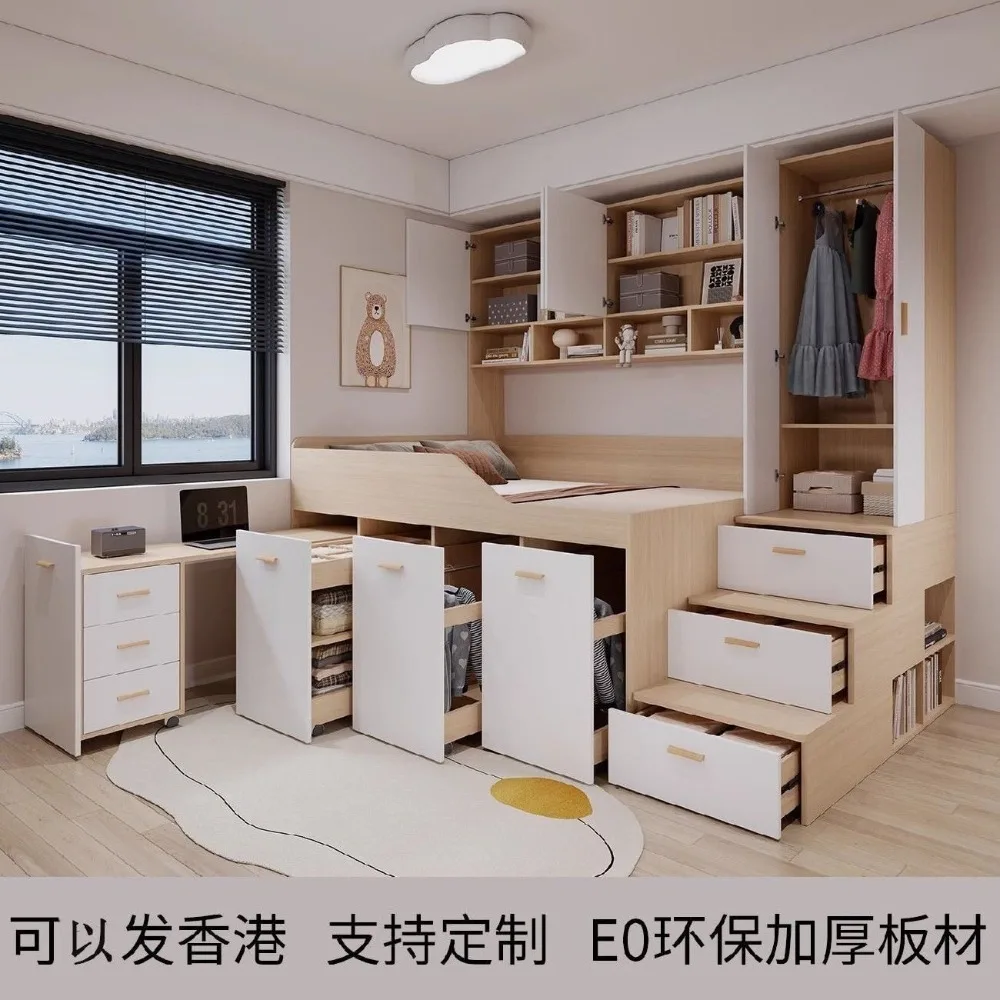 Custom Solid Wood Loft Bed with Wardrobe Desk Storage Drawers Step Ladder Half High Platform Bed Space Saving for Bedroom