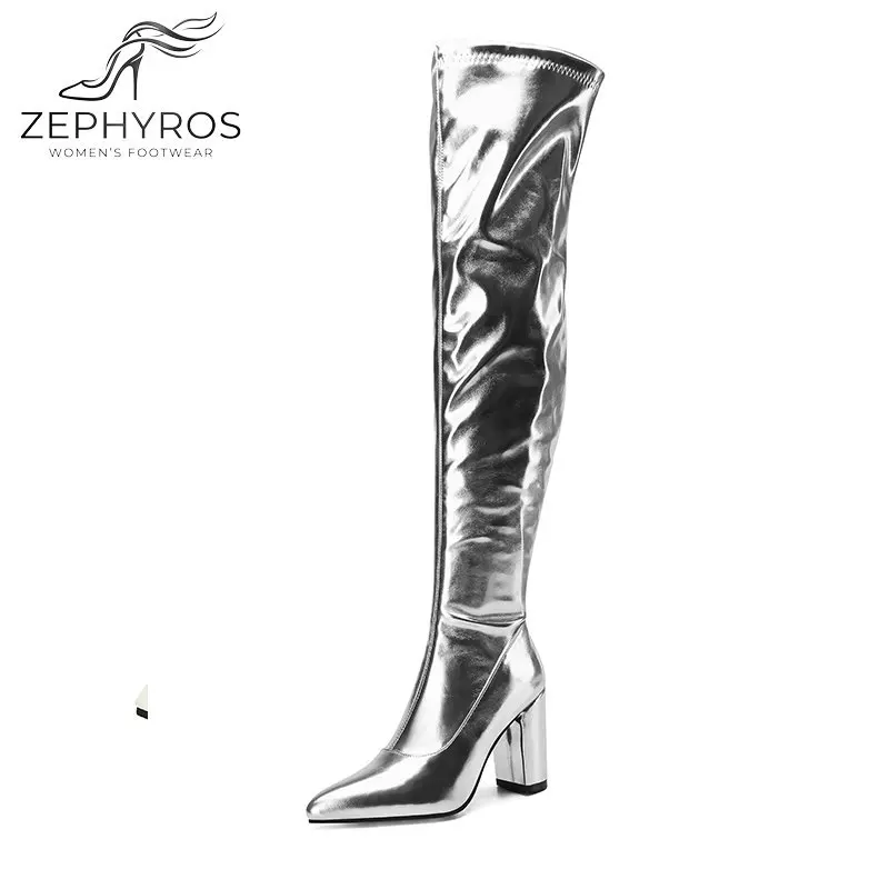 

Women's Knee High Boots Sexy Patent Leather Chunky High Heels Side Zip Platform Boots Nightclub Stage Performance Shoes