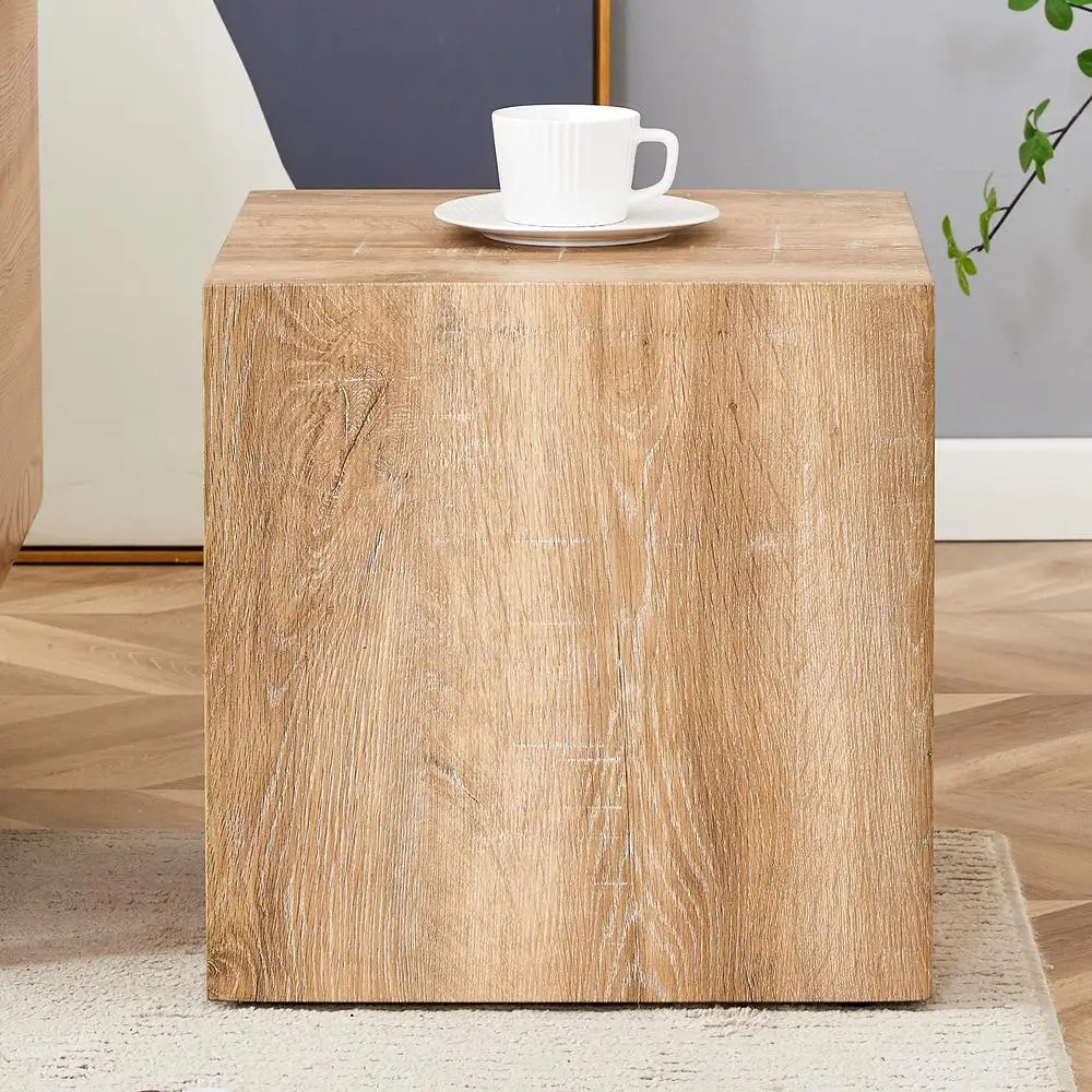 Modern MDF Coffee Table Light Wood Texture Minimalist Design 15.7 Inch Square Accent Table No Assembly Required